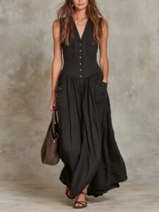 Vestido largo retro de algodón con bolsillo de solapa