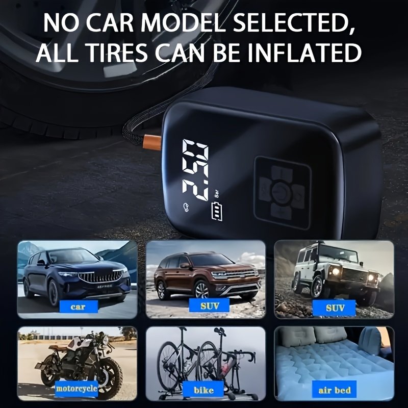 Product image 1 Inflador de Neumáticos Portátil, Compresor de Aire Inalámbrico Rápido, Pantalla Digital con Adaptador de Boquilla Multifunción y Batería de Litio de Larga Duración para Coche, Motocicleta, Bicicleta, Neumáticos, Balones, Repuestos para Automóviles