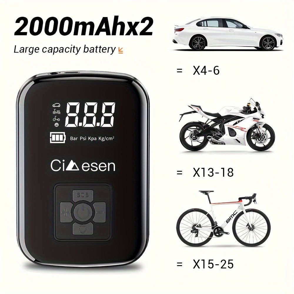 Product image 1 Inflador de Neumáticos Portátil, Compresor de Aire Inalámbrico Rápido, Pantalla Digital con Adaptador de Boquilla Multifunción y Batería de Litio de Larga Duración para Coche, Motocicleta, Bicicleta, Neumáticos, Balones, Repuestos para Automóviles